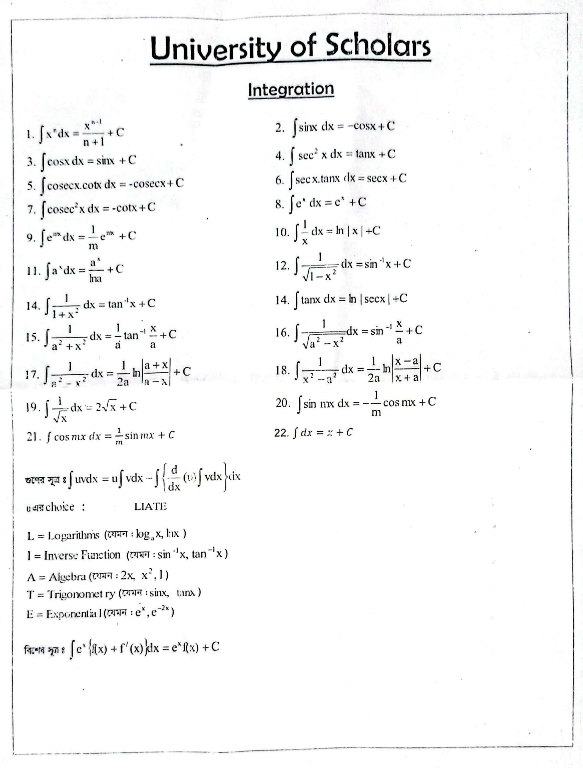 Integration Formulas